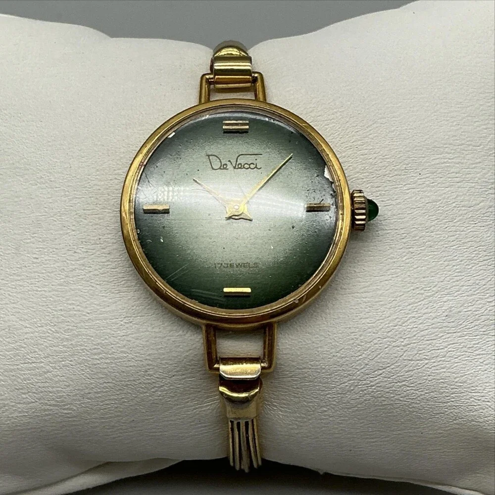 Vintage De Vecci Womens Watch 27mm Green Dial Gold Tone Bangle Manual Wind 6
